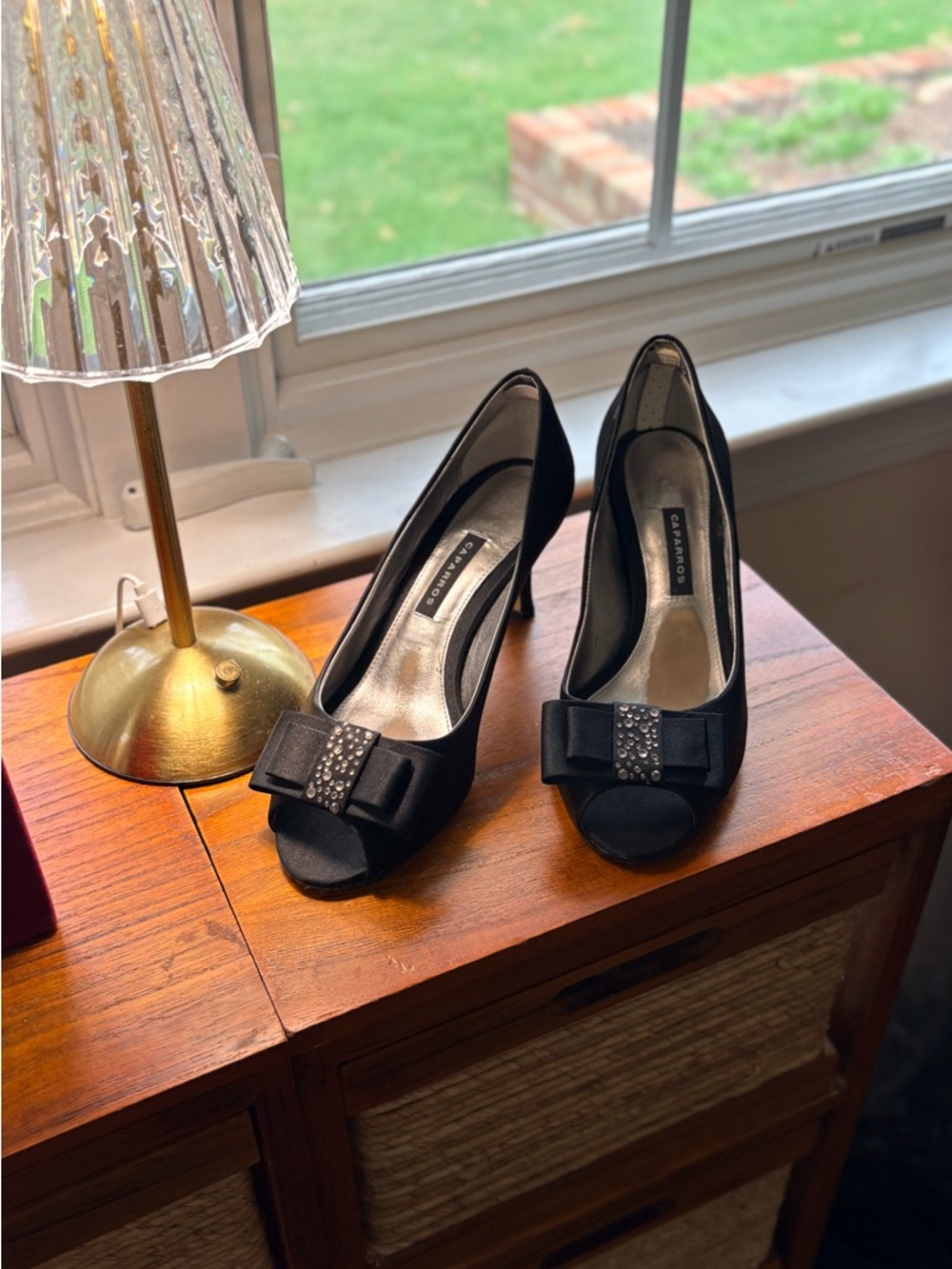 Caparros Black Satin Peep-Toe Heels with Bow and Rhinestone Accent